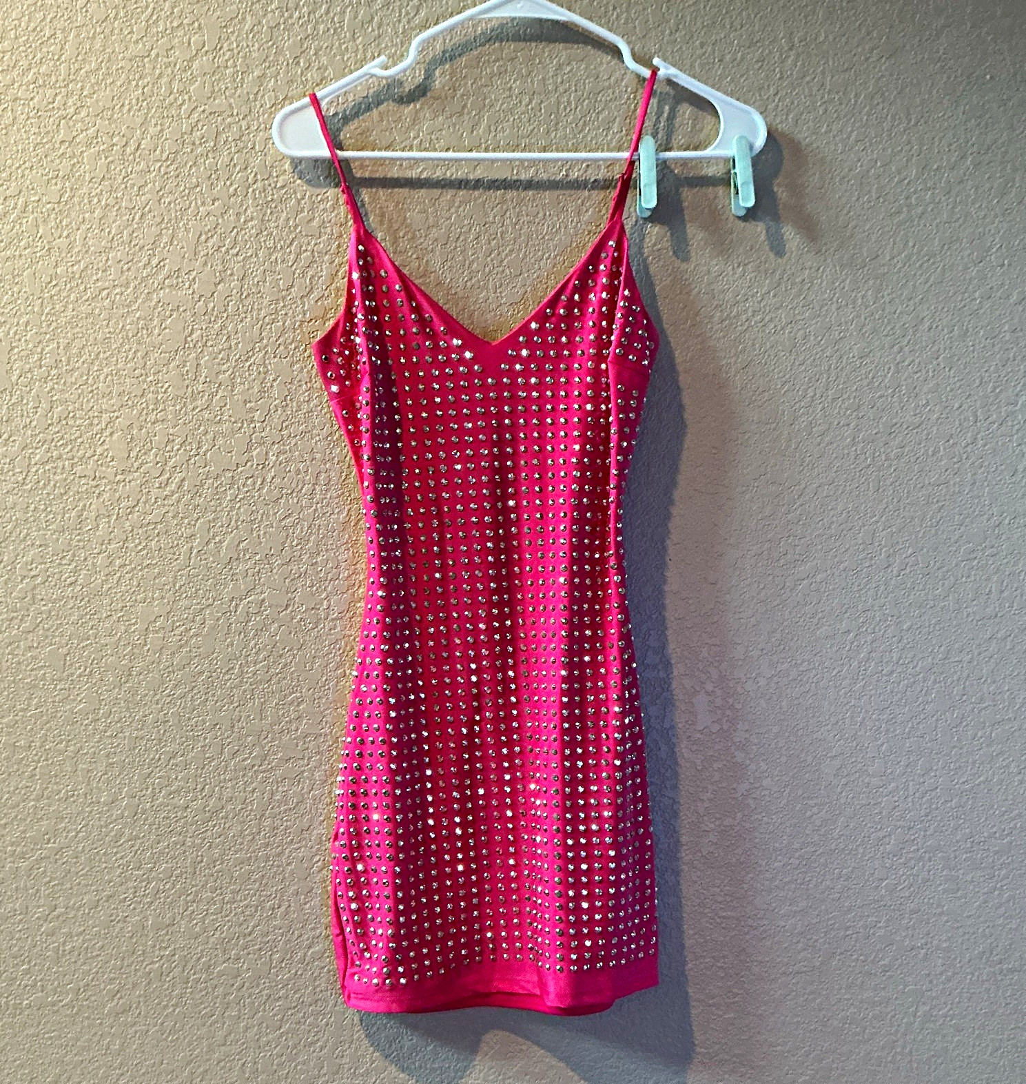 Windsor Pink Rhinestone Strappy V-Neck Bodycon Mini Dress Sleeveless S