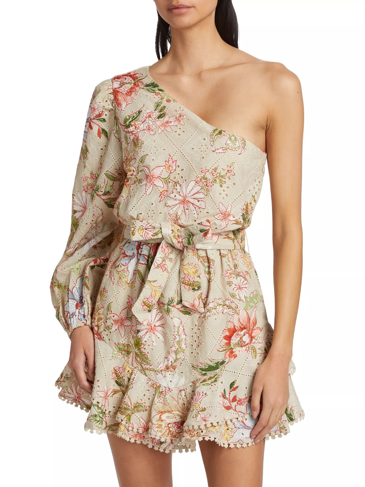 HEMANT & NANDITA Floral Broderie Anglaise Tie-Waist One-Shoulder Mini Dress