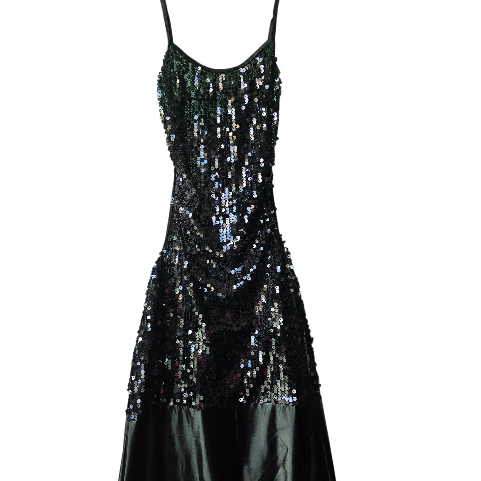 Black Sequin Latex Spaghetti Strap Maxi Gown Sexy Costume Dress Goth Party XS