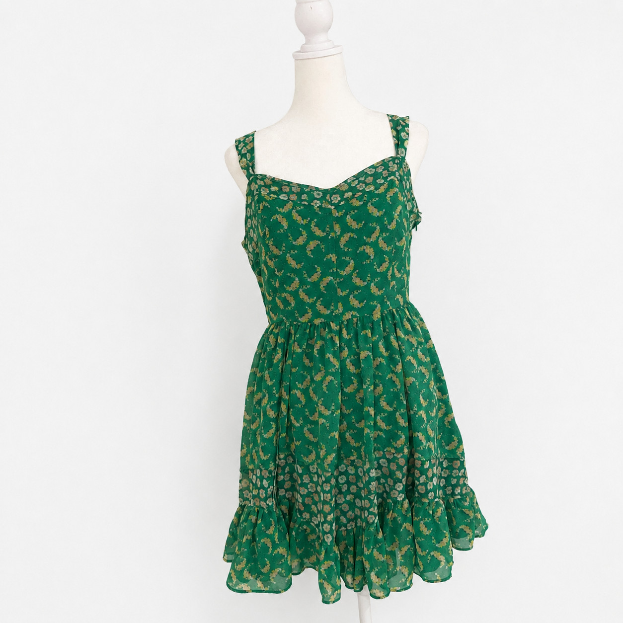 LC Lauren Conrad Dress Womens 8 Green Floral Cottagecore Boho Tiered Mini Lined