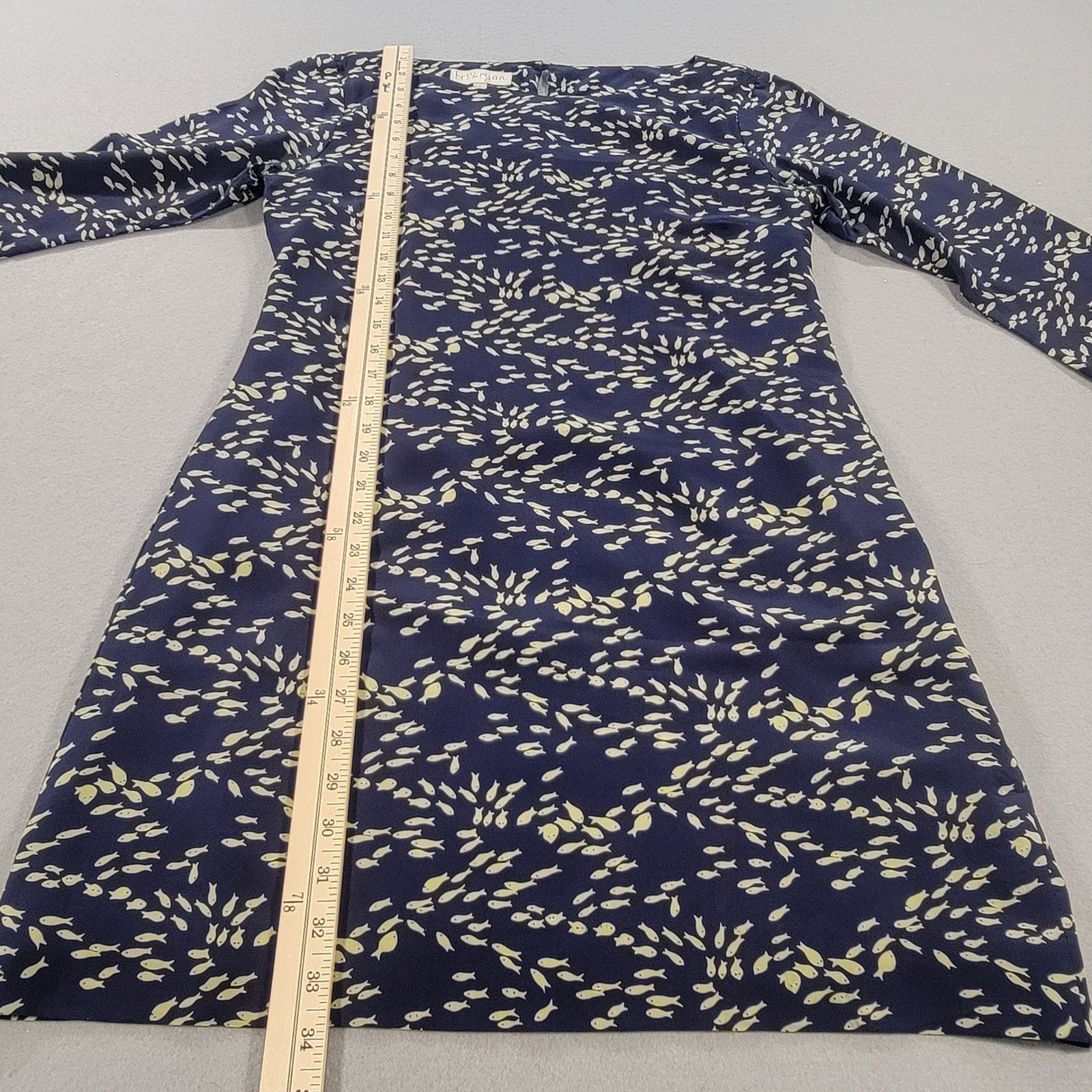 Britt Ryan 100% Silk Fish Print Shift Dress Navy 3/4 Sleeve Women’s Size 8