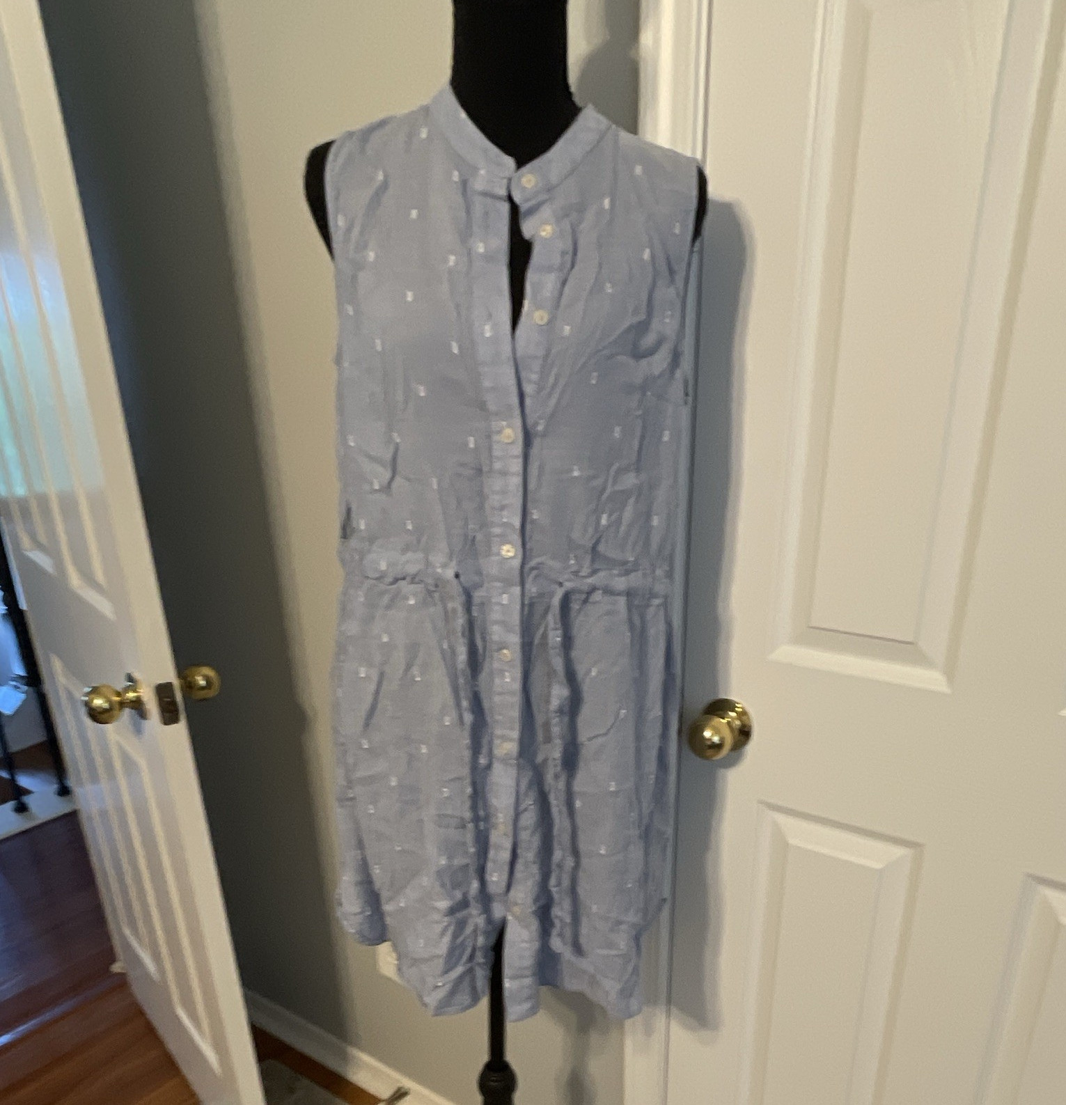 H&M Women’s Shirt Dress Blue White Polka Dot Cotton Woven Collared Short L