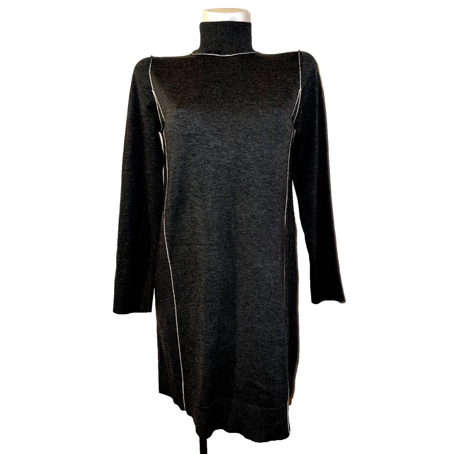 Max Studio Women Heather Charcoal Grey Turtleneck Sweater Dress Ivory Piping M