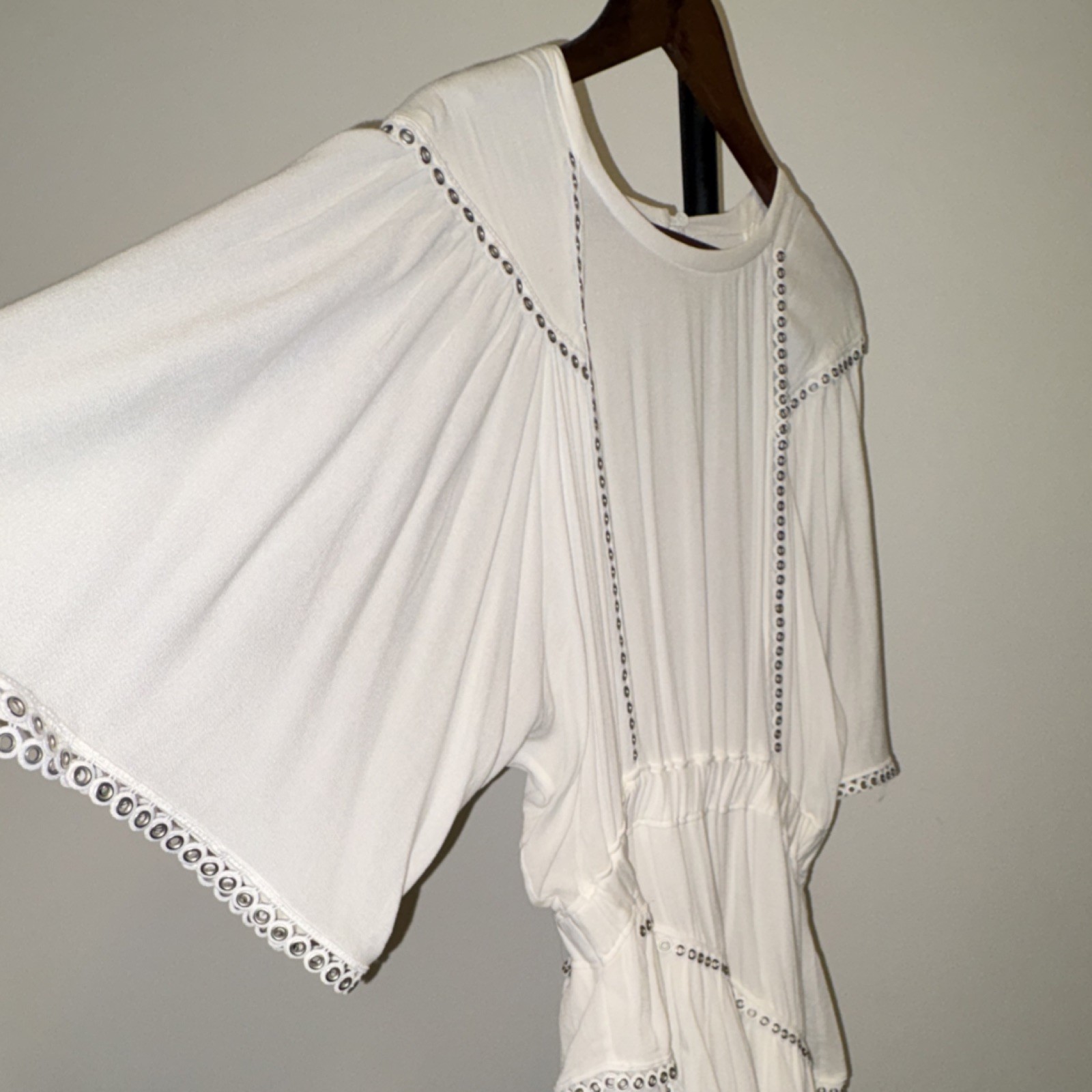 IRO Paris White V-Neck mini dress 100% Viscose eyelet trim elastic waist size 38