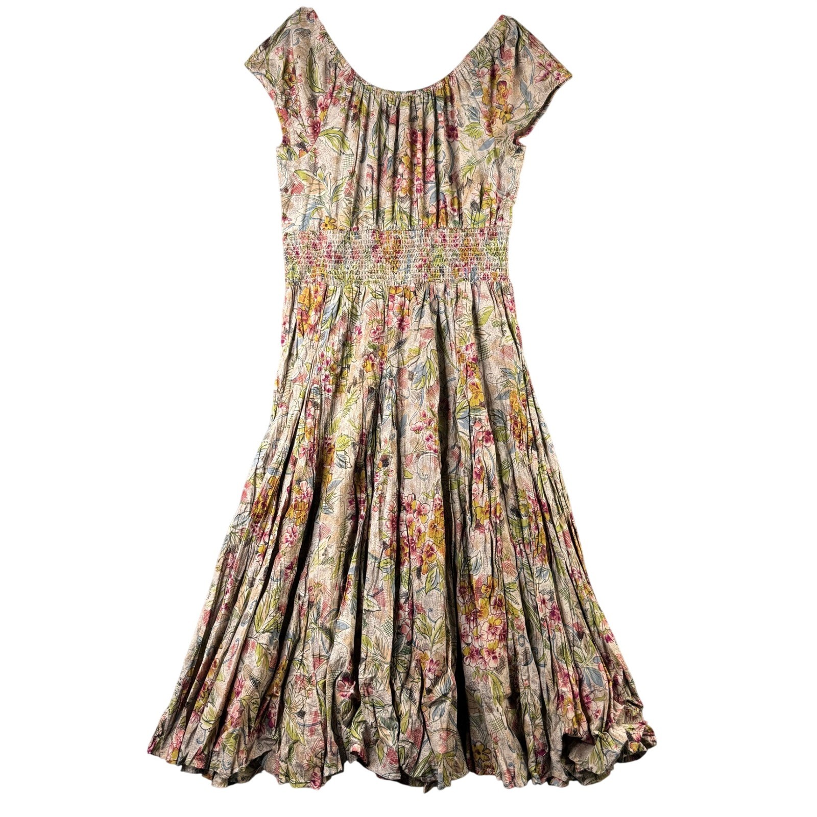 Phool Womens Size XL Floral 100% Cotton Smocked Waist Crinkle Skirt Midi Dress