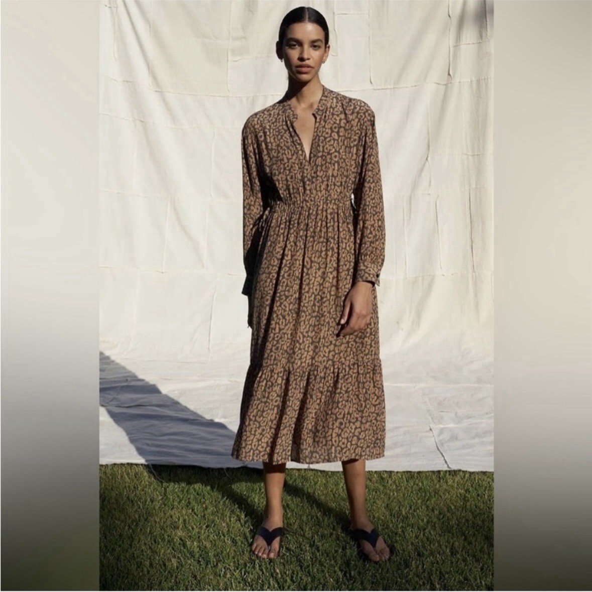 Rails Maple Dress Batik Cheetah Leopard Size Medium Long Sleeve Cinch Midi Dress