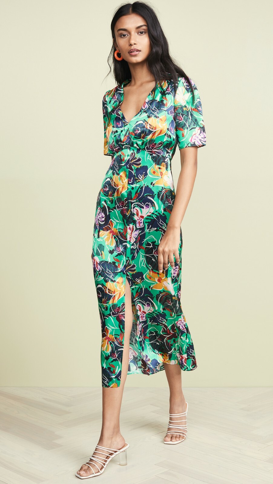 SALONI Green Floral Botanical Print EDEN Satin Silk Hi-Slit Midi Dress 10US 14UK