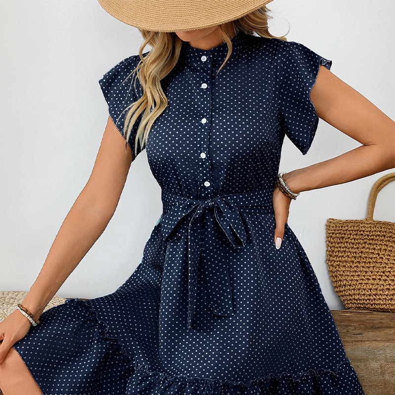 Women’s Polka Dot Ruffle Sleeve Belted A Line Midi Dress Summer Casual Sundress