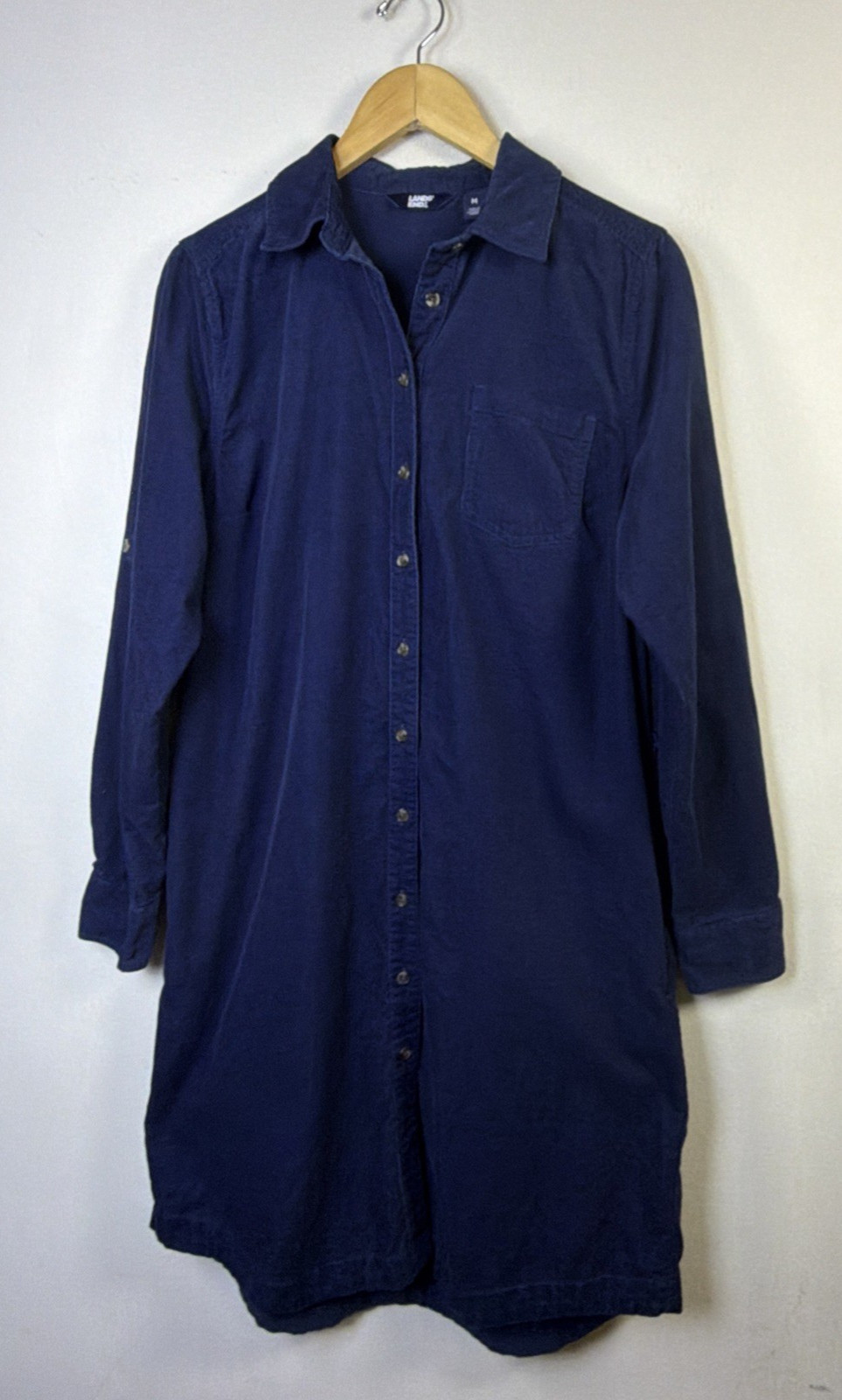 Lands’ End Corduroy Button Down Midi Shirt Dress Womens Large Navy Blue cottage