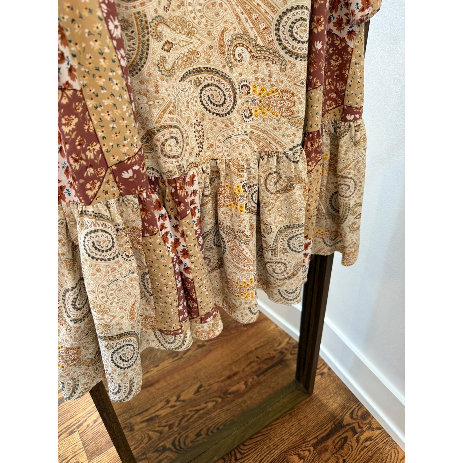 Boho Easel Patchwork Paisley Ruffle Mini Dress Earth Tones Bell Sleeve Boho L