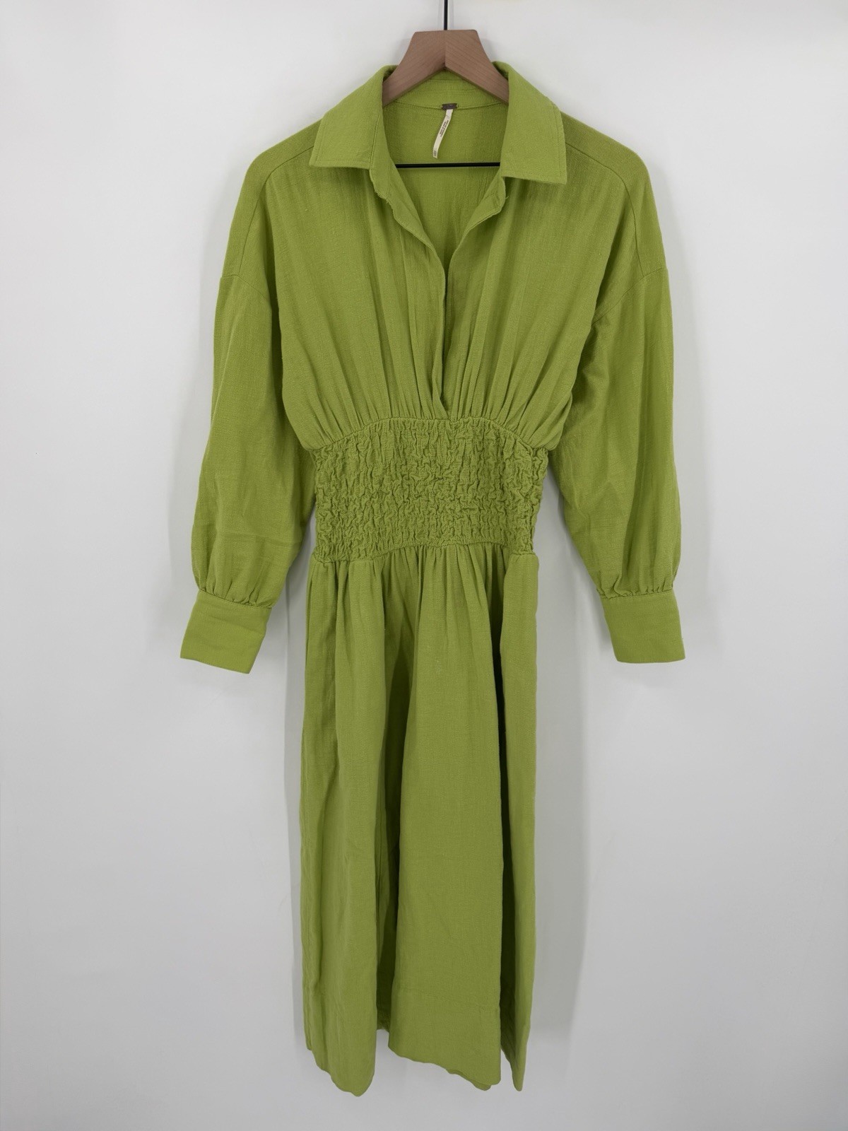 Free People Endless Summer Monika Ruched Shirt Dress Green Smocked Waist XS Midi