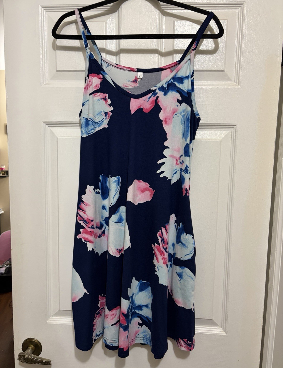 Women’s Navy Floral Knit Stretch Sundress Scoop Neck Sleeveless Knee Length L