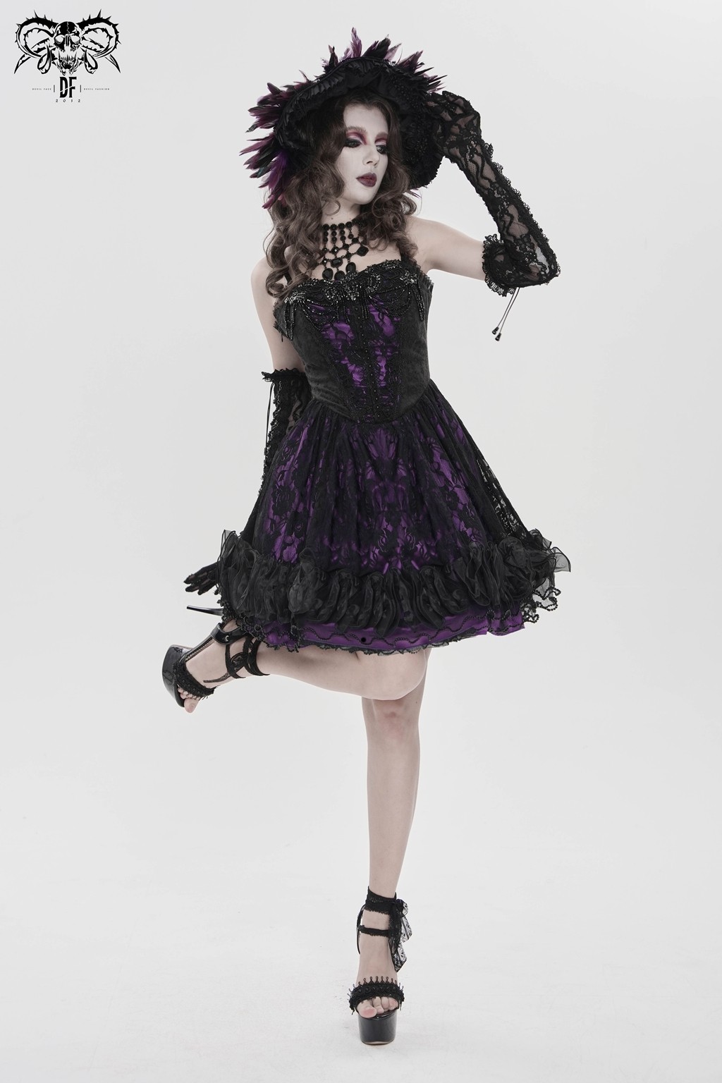 Devil Fashion Women Goth Victorian Beaded Floral Lace Corset Short Lace-Up Dress