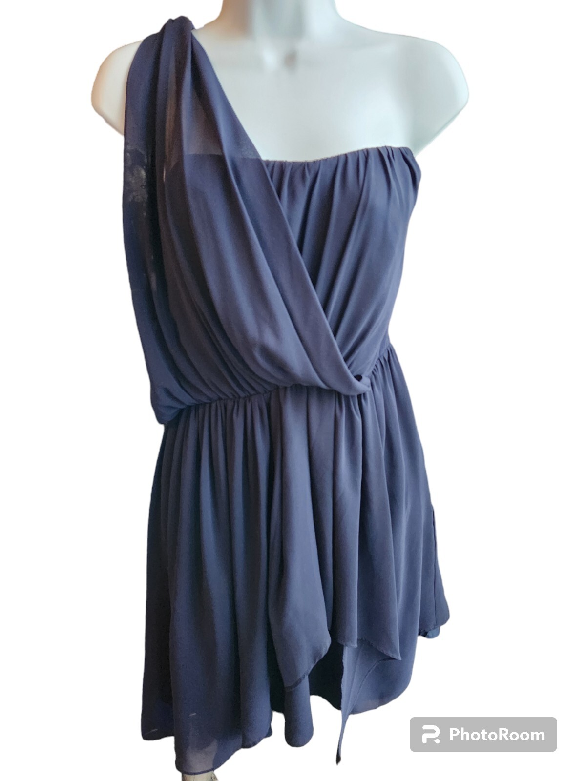 Greylin One Ruffle Shoulder Navy Short A Line Dress Side Zip Size S