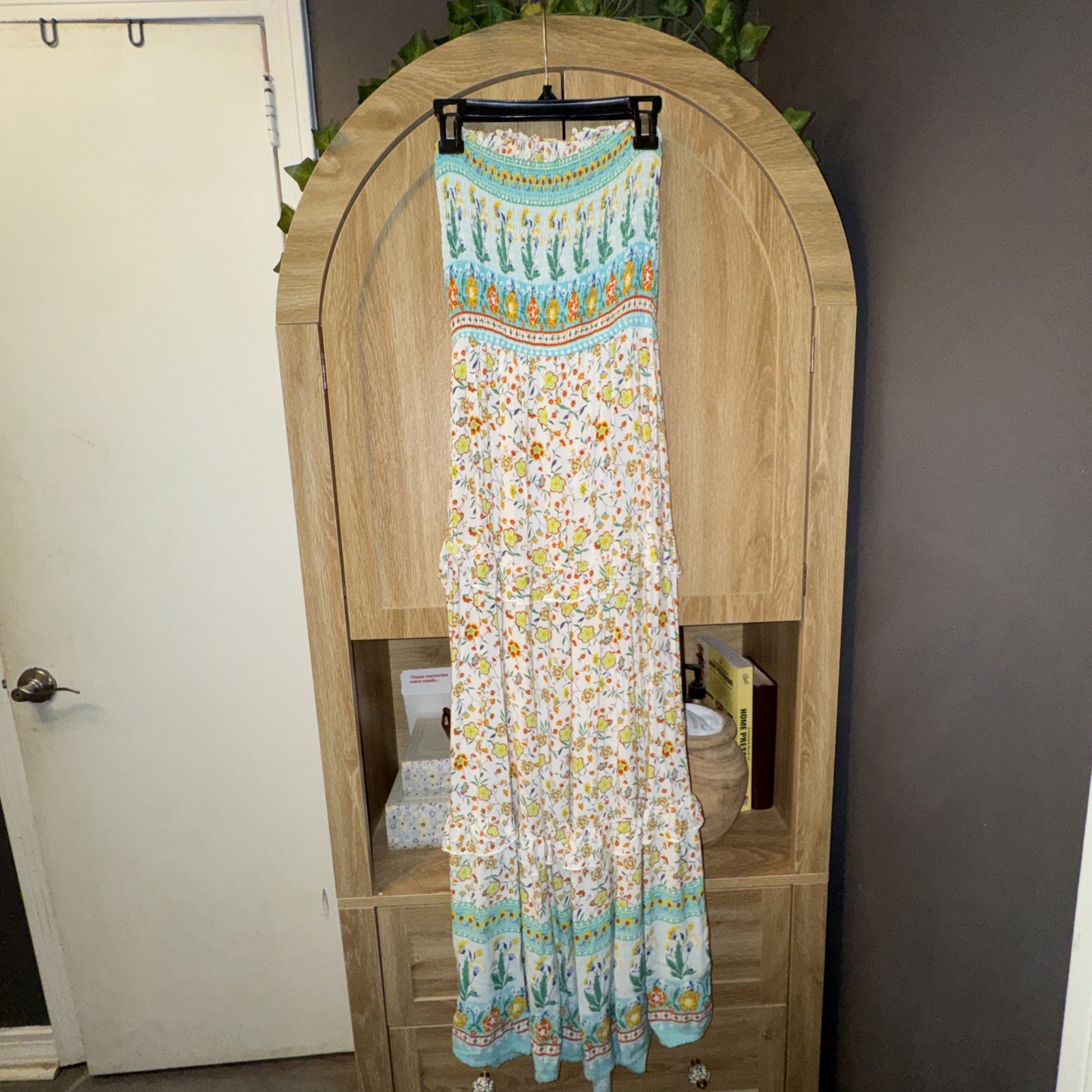 Zesica sz S Strapless tube floral boho prairie cottage maxi dress