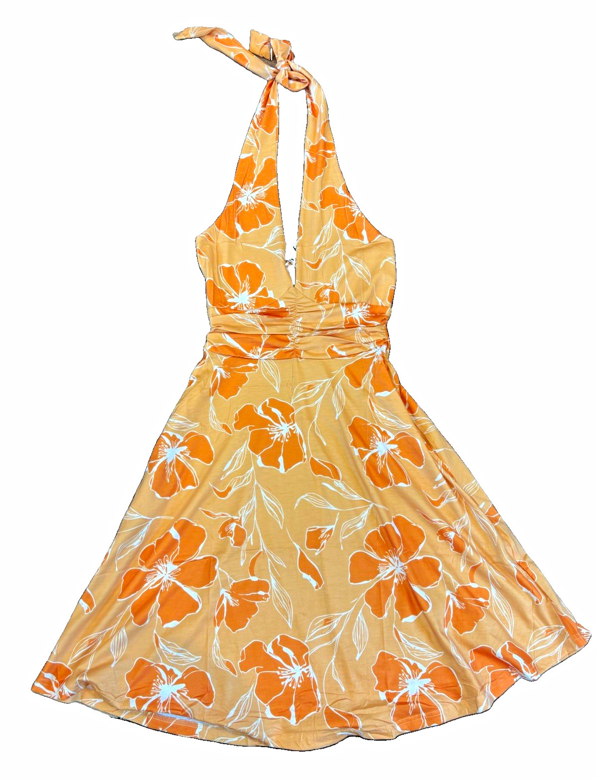 HUHOT Women’s S Floral Fit & Flare Halter V-Neck Knee Dress Tie Beige Brown