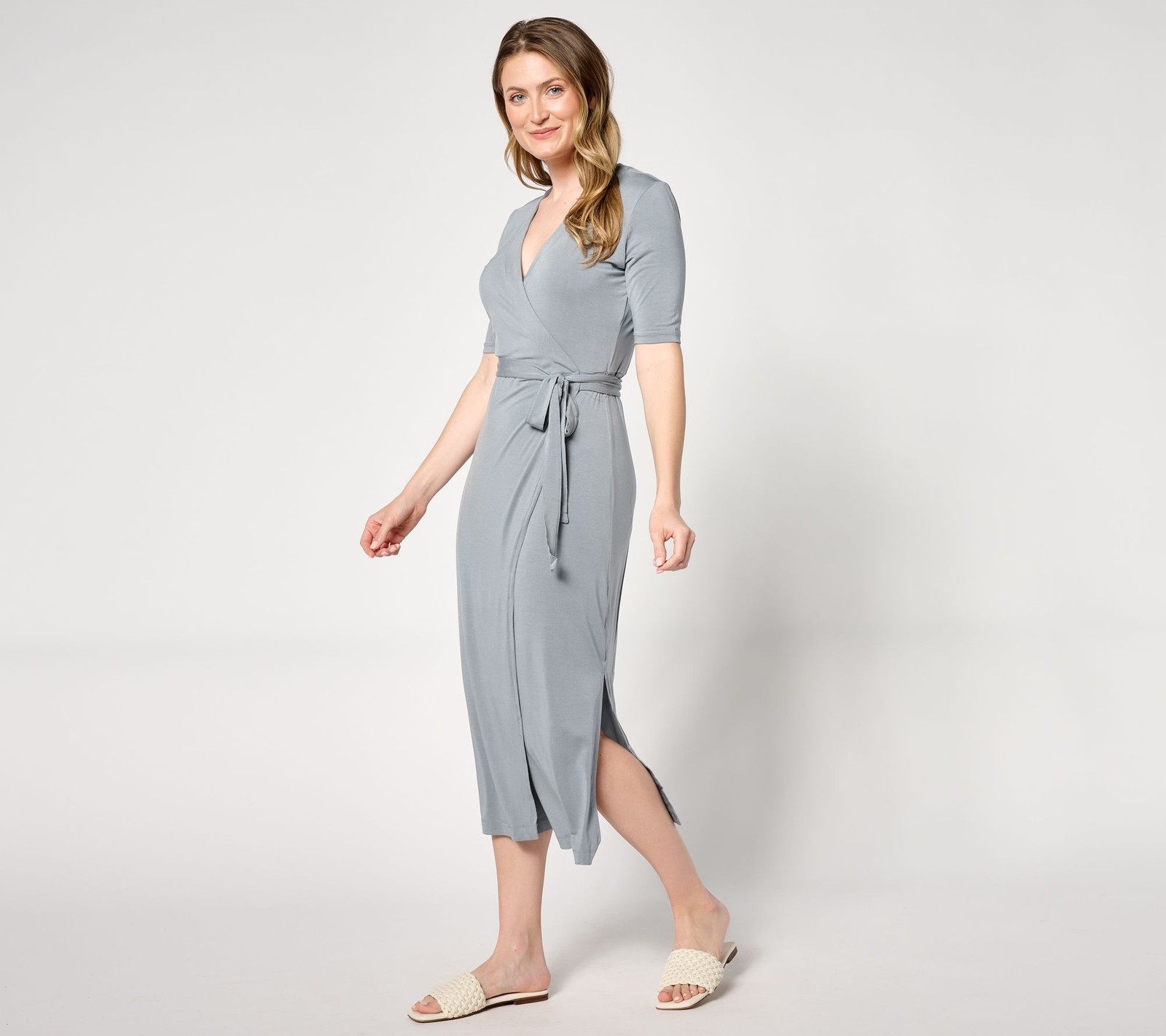 Barefoot Dreams Luxe Milk Jersey 3/4 Sleeve Wrap Dress Waterloo M New