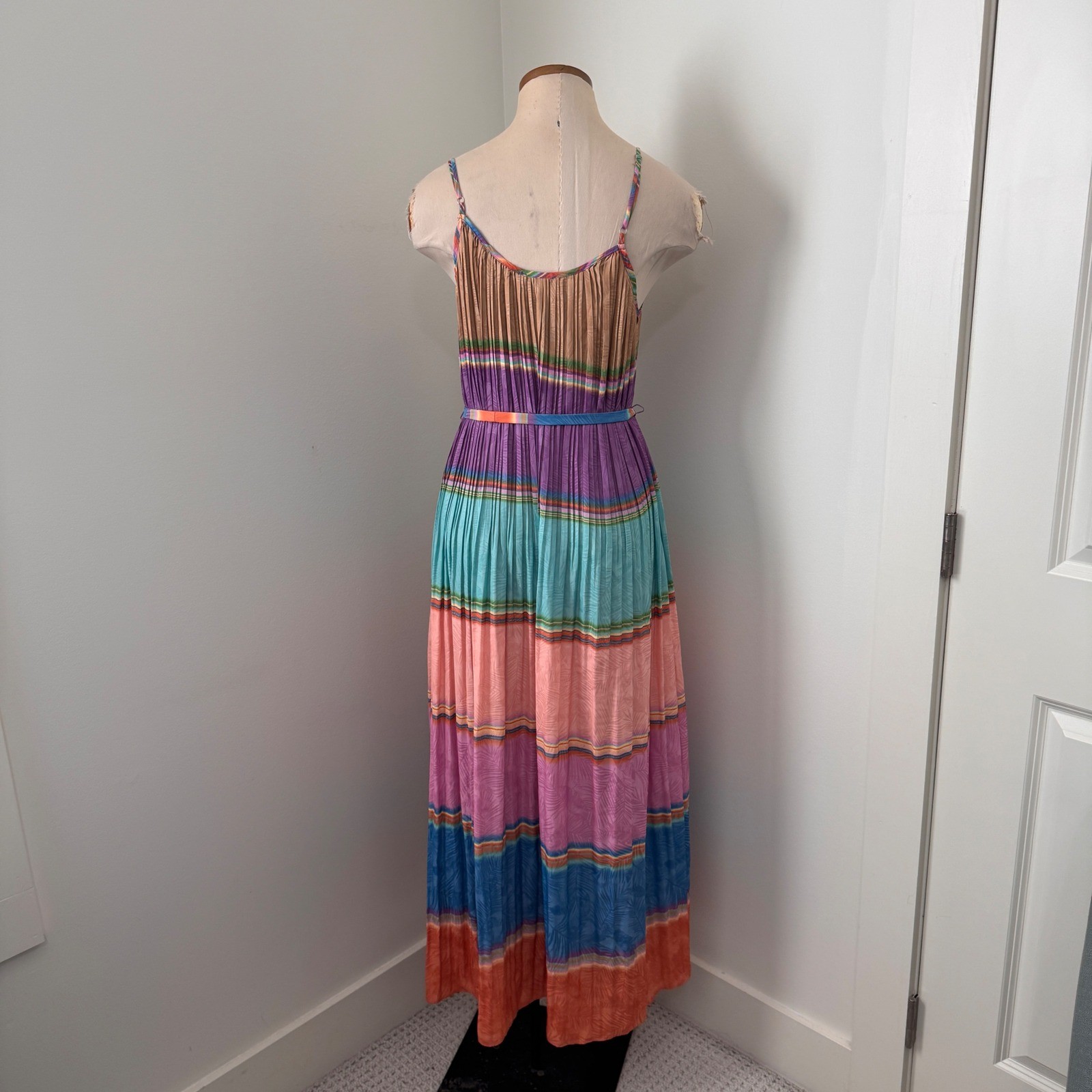 Current Air Small Rainbow Stripe Pleated Maxi Dress ~ Boho Flowy Beach