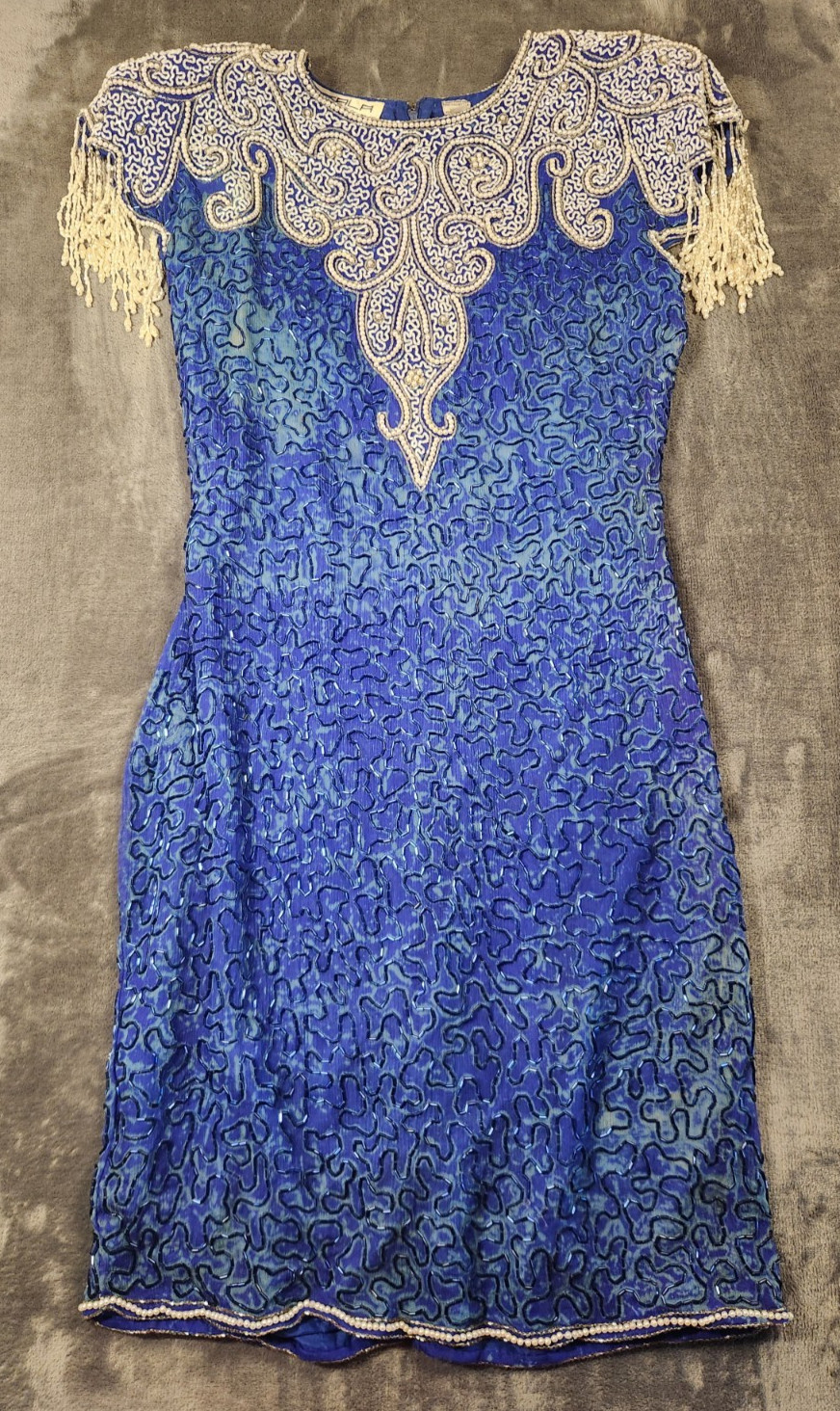 Scala Dress Womens Medium Blue Flapper Beaded Sequin Silk Short Fringe Z*