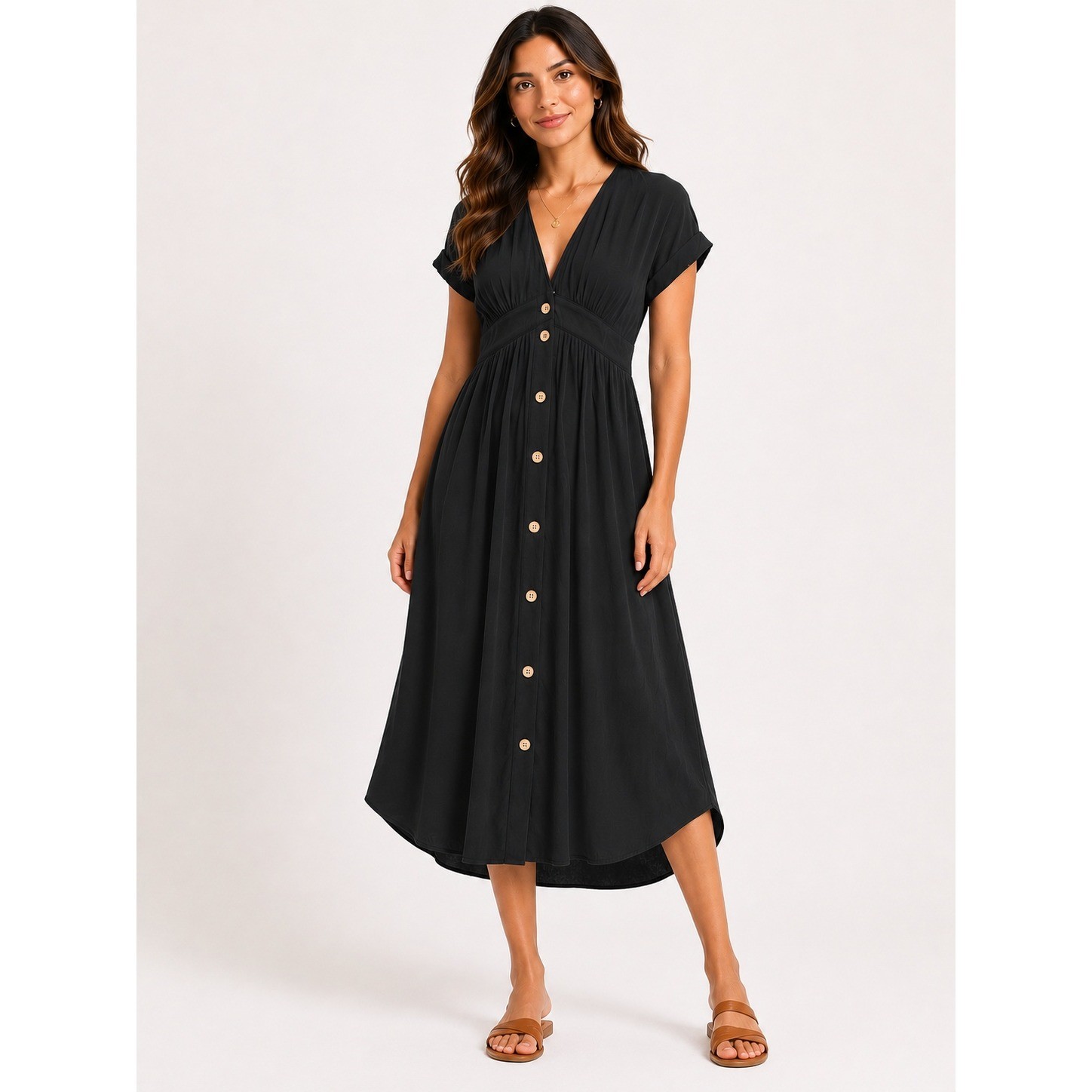 The Normal Brand Black Rayon Button Front Midi Dress Women’s S V-Neck