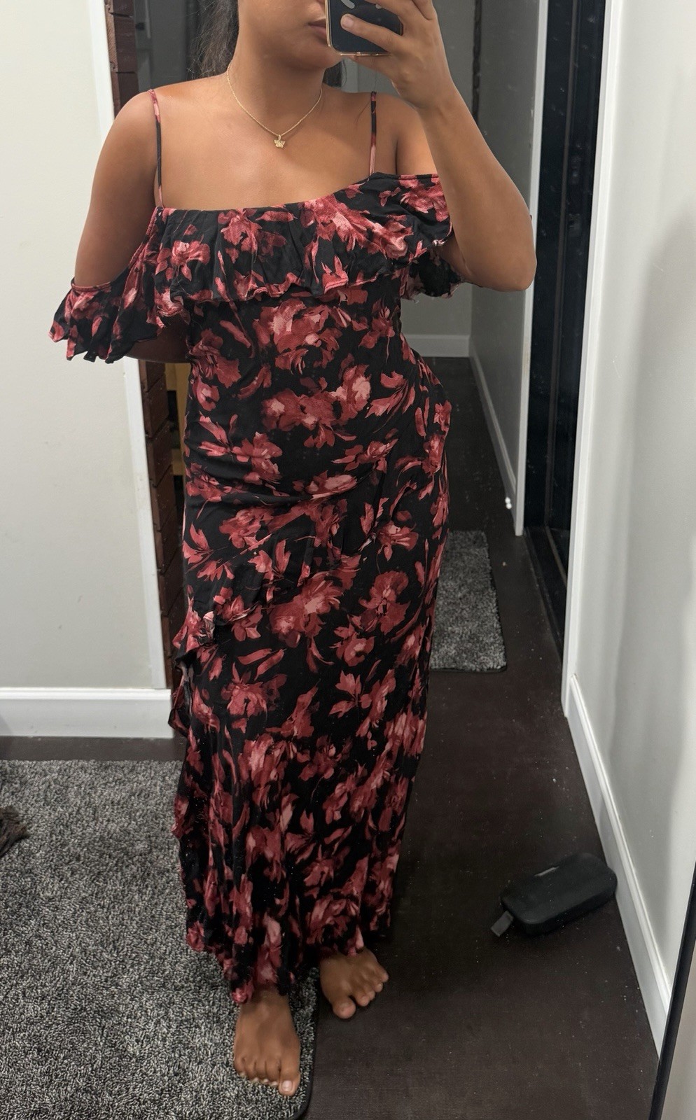 a new day Black Pink Floral Ruffle Cold Shoulder Off Shoulder Maxi Dress XL