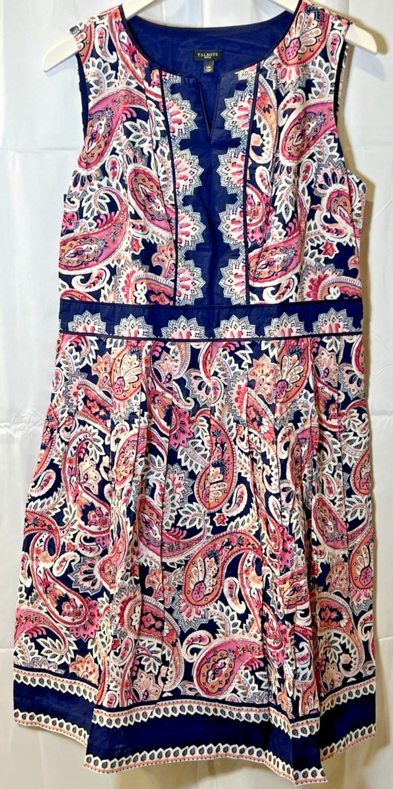 TALBOTS PAISLEY FIT & FLARE DRESS NAVY/ PINK WOMENS SIZE 14P NOTCHED NECKLINE