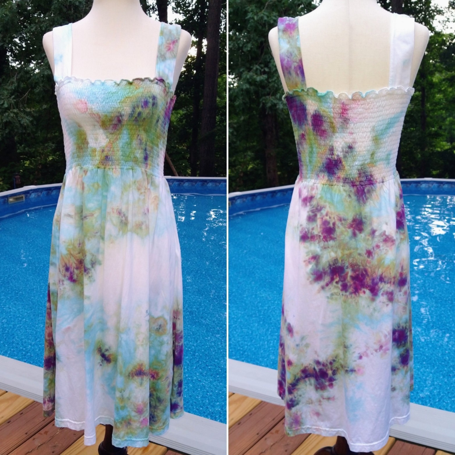 Purple, Green, Blue & White Ice Dye Tie Dye Smocked Midi Sundress ~ Sz M