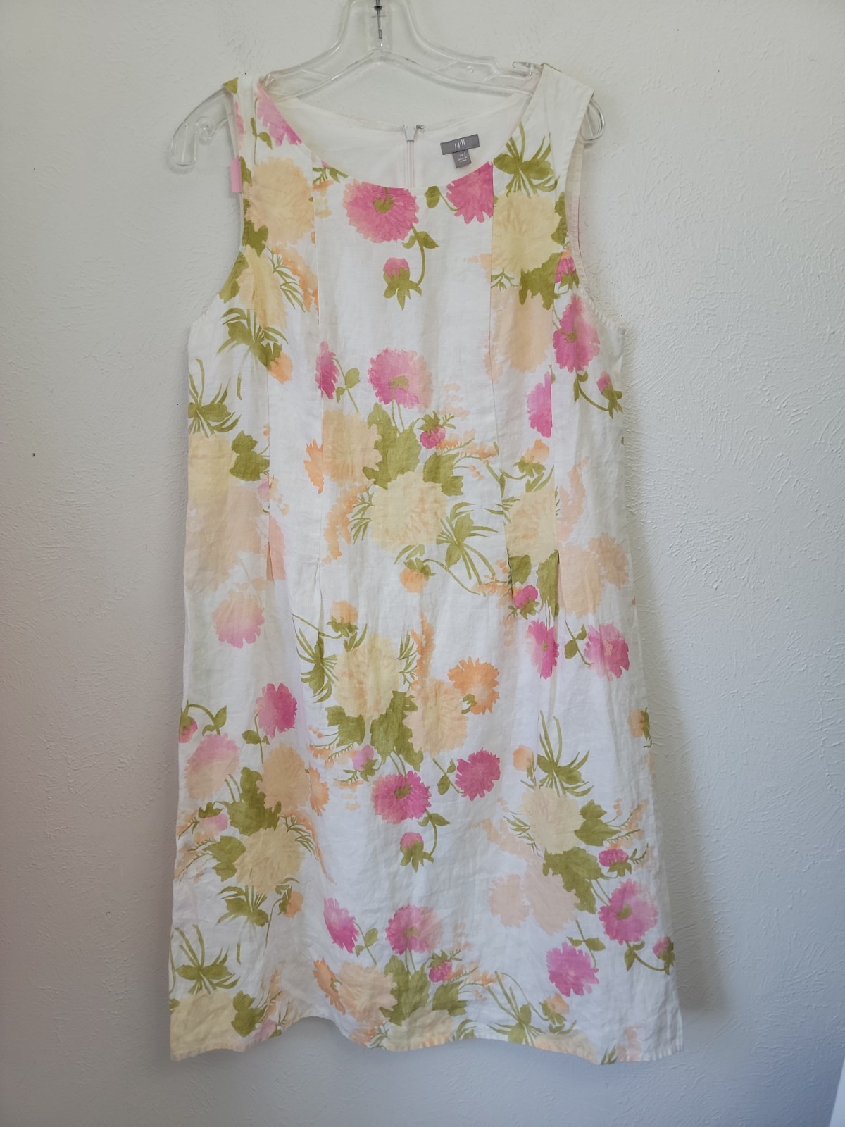 J Jill Love Linen Dress Size 14 Peonies White Pink Peach Sleeveless