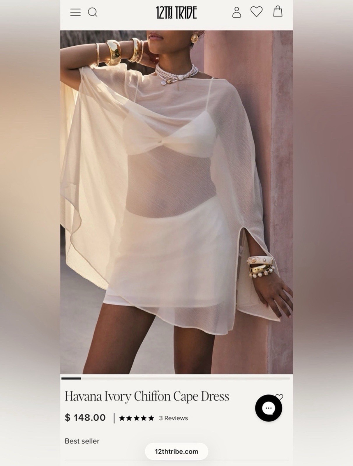 12th Tribe Havana Chiffon Cape Sleeve Mini Dress Long Sleeve Ivory Size XL