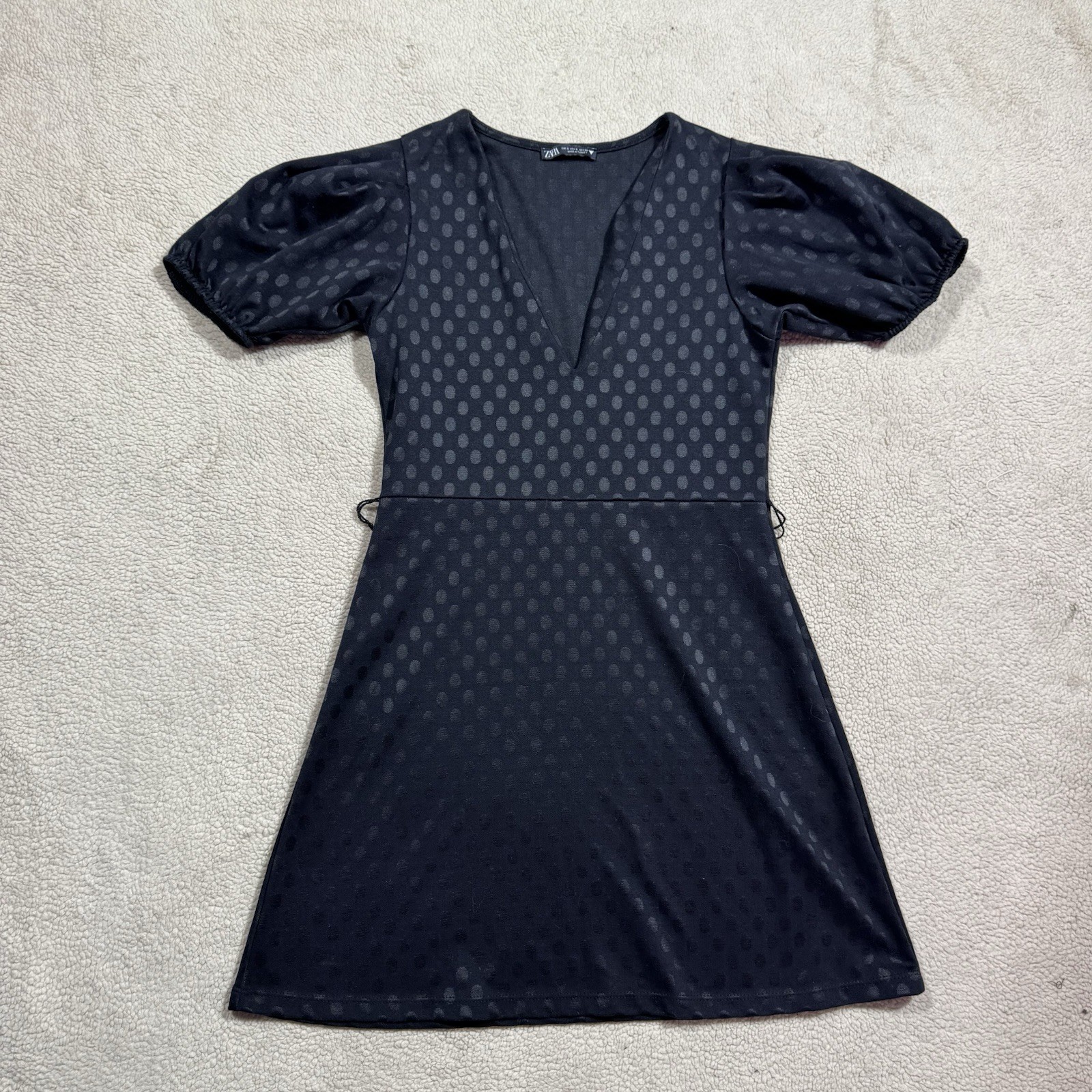 Zara Dress Womens Small Short Puff Sleeve V-Neck Polka Dot Mini Textured A-Line