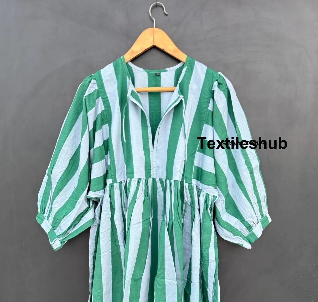 Cotton Green White Striped Print Maxi Gown, Deep Neck Dress Women’s Clothing US