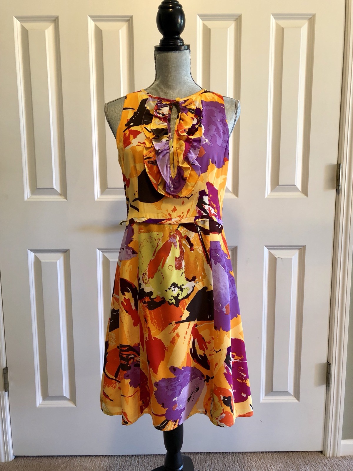 Nanette Lepore Dress Women 6 Ruffle Yellow Modern Watercolor Aloha Boho Costal