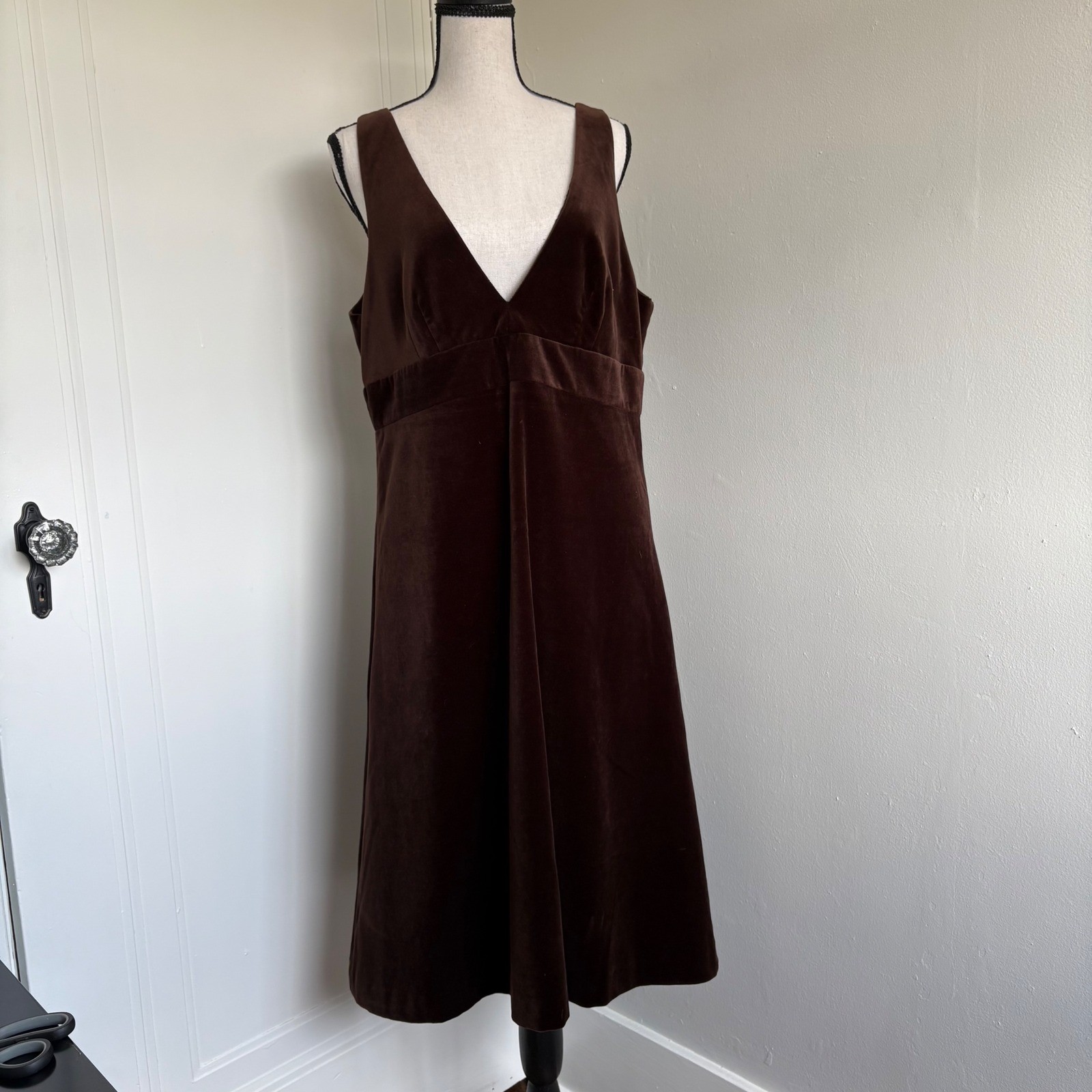 J.Crew Vintage 2006 Brown Cotton Velvet V-Neck Empire Waist Midi Dress 14 80311