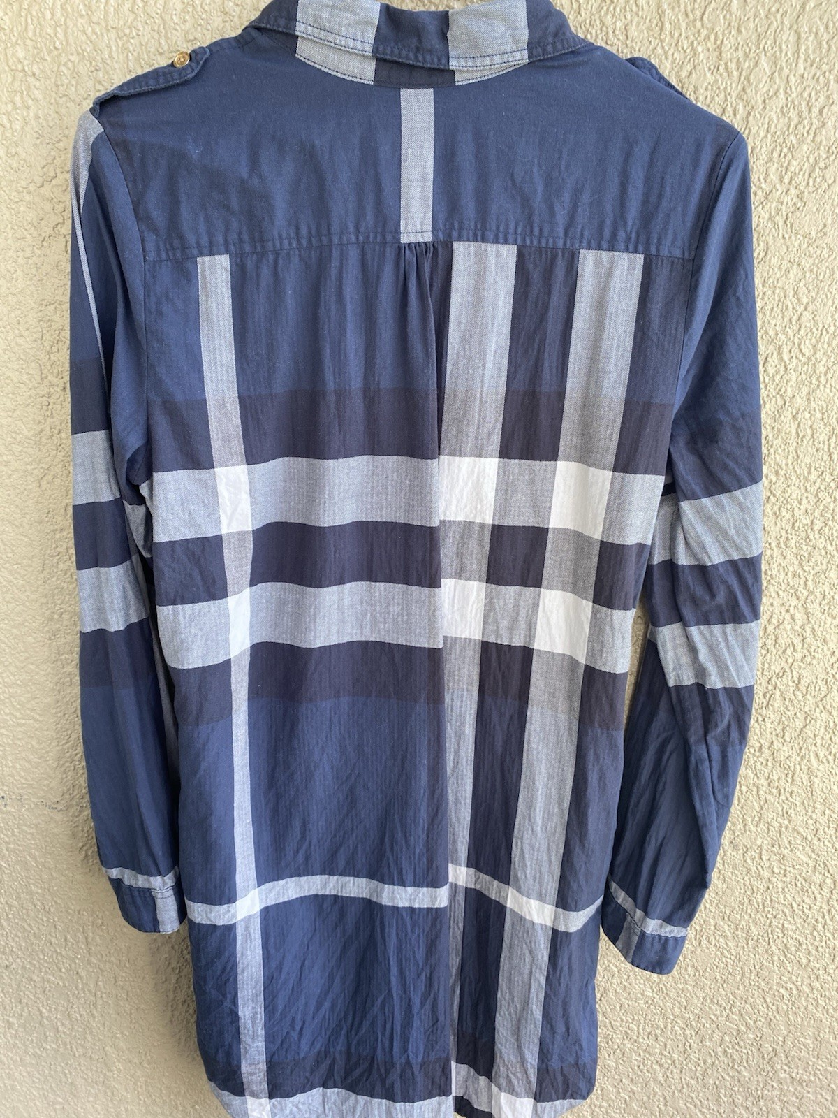 BURBERRY BRIT DESIGNER BLUE/WHITE/GRAY MULTI NOVA COTTON Long Sleeve Shirt Dress