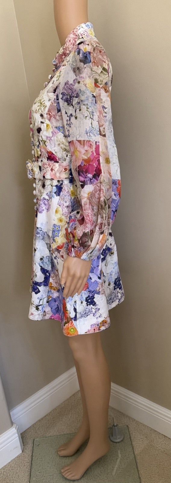 ZIMMERMANN Buttoned Floral Linen & Ramie Belted Mini Dress Size 1 AU, 4-6 US