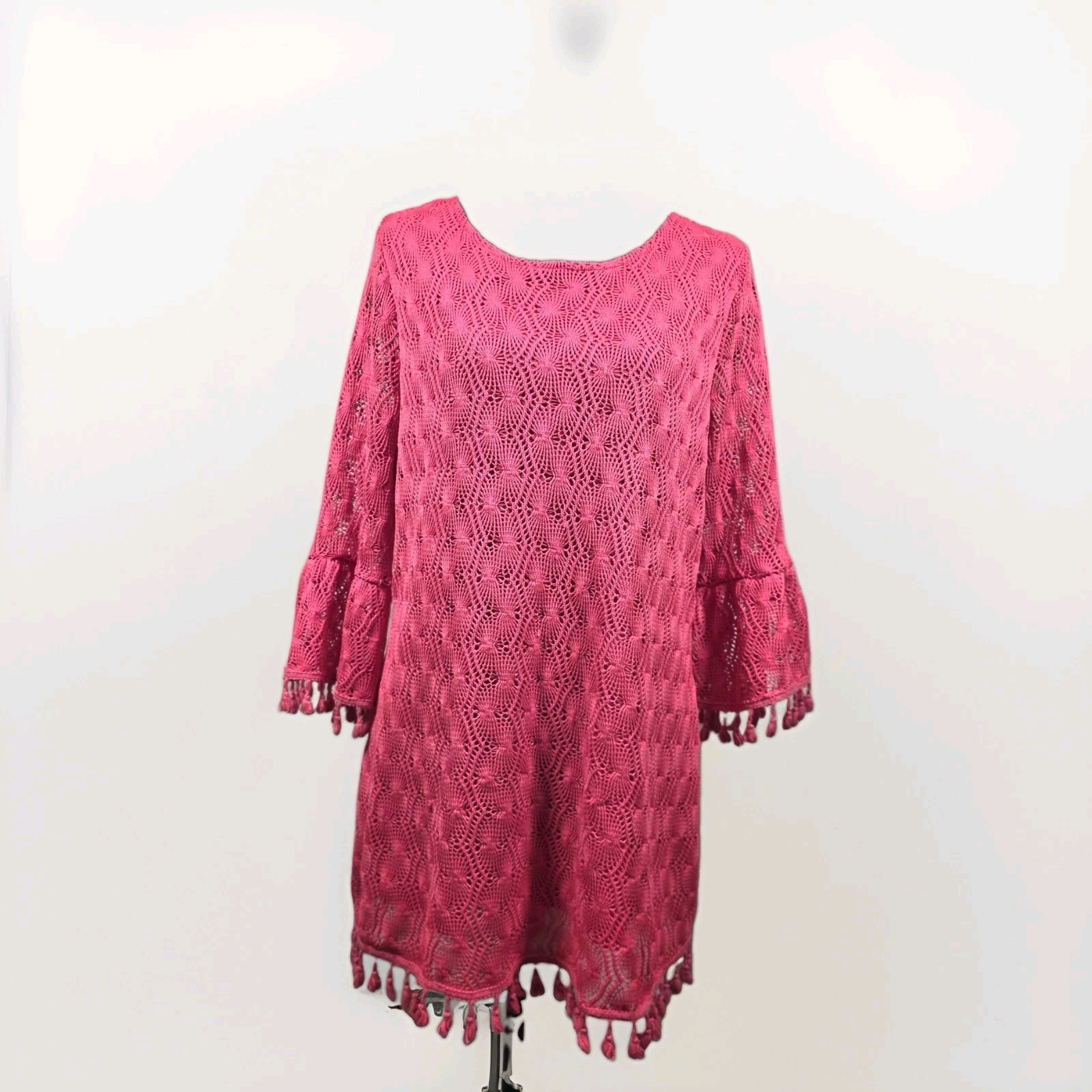 Crown & Ivy Pink Crochet Tunic Dress Sz L Tassel Fringe Bell Sleeve Boho Coastal