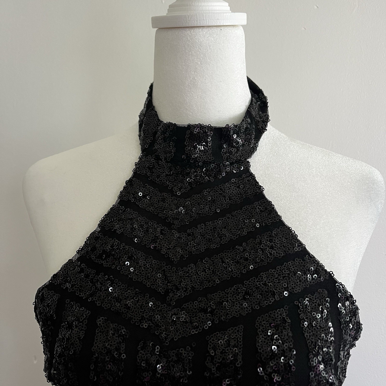 REVERSE Black Sequin Halter Neck Bodycon Knee Length Dress S Lined Zip