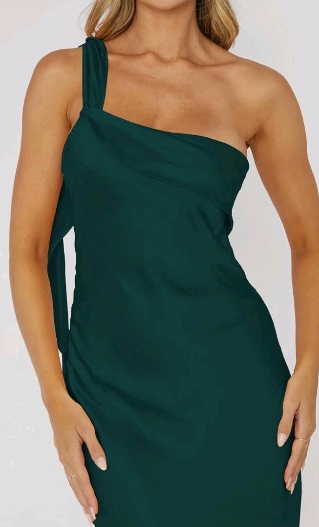 MOYNOTE Women One Shoulder Satin Midi Dress Forest Green Draped Cowl Neck Size S