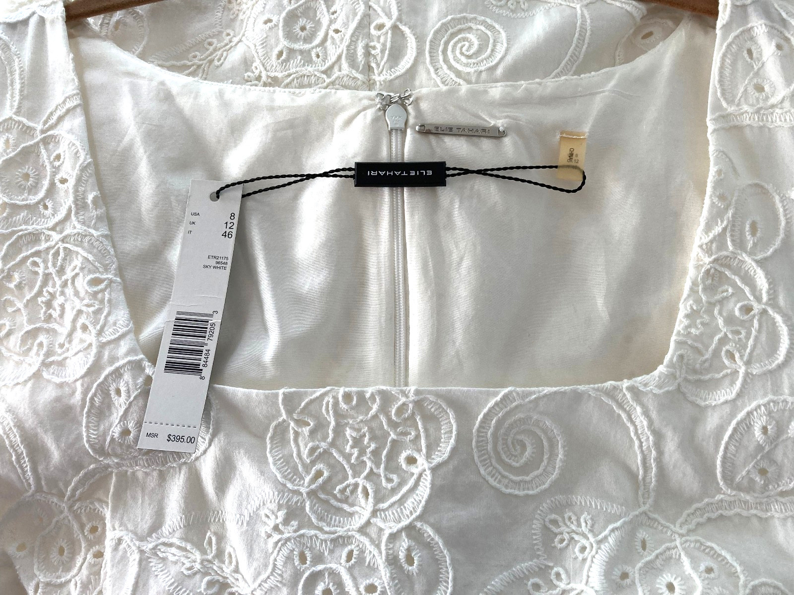 NWT Elie Tahari Fully EMBROIDERED Lined Cotton Fit & Flair Dress Sz 8 White $395