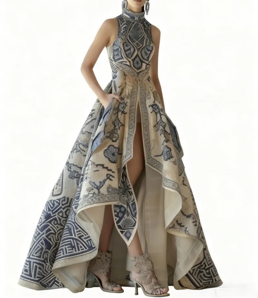Asymmetrical Style Blue Porcelain Print High Neck Elegant Dress