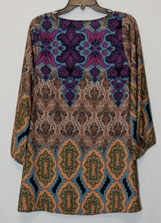 Tan, Teal, Purple Paisley A-Line, V-Neck Mini Dress; Bell Sleeves; Size S