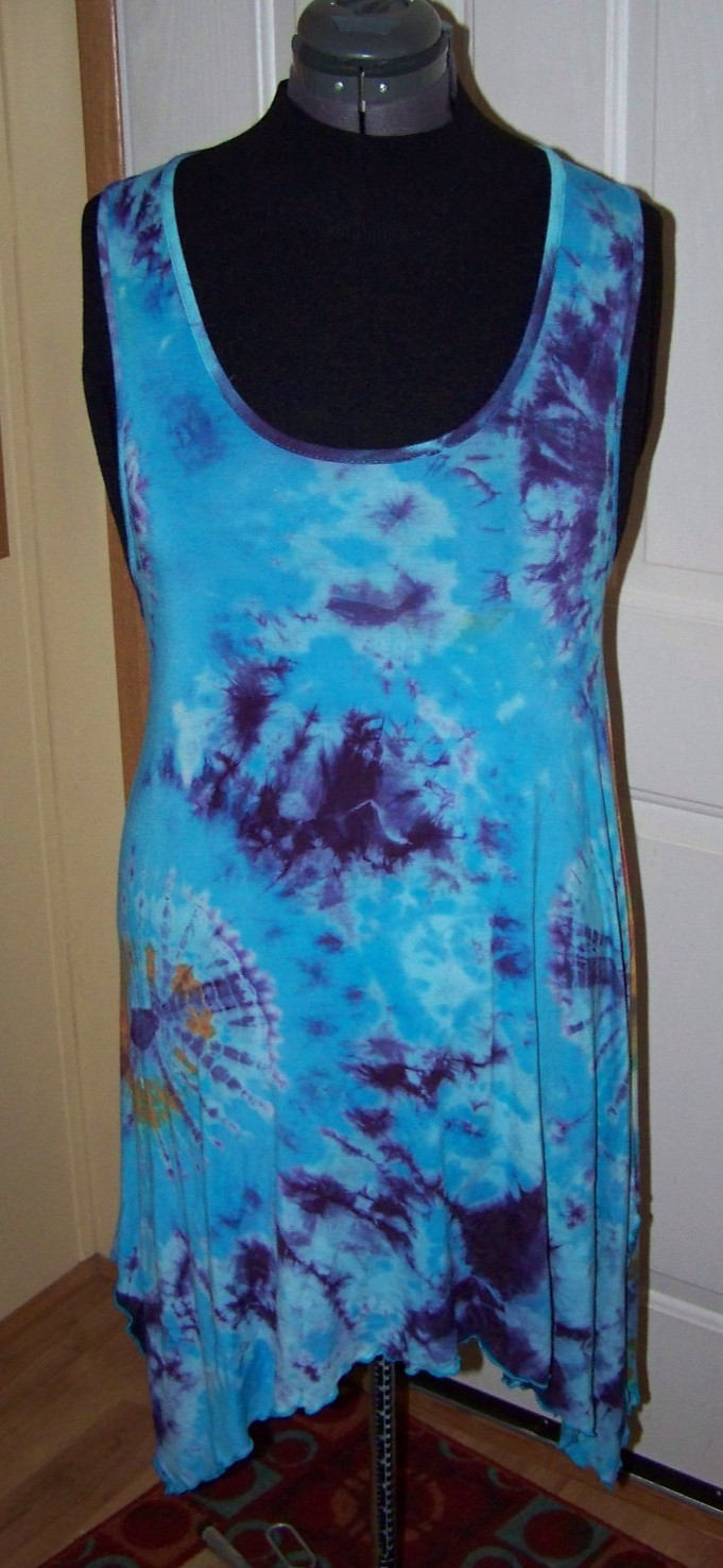 ALOHA FASHION Blue tie Dye asymmetrical hem Jersey Tank Sun Dress size Small