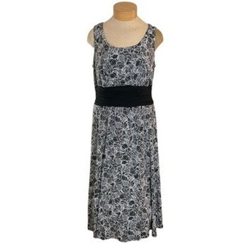Perceptions Black White Floral Leaf Sleeveless Midi Dress Ruched Waist Sz 16W 1X