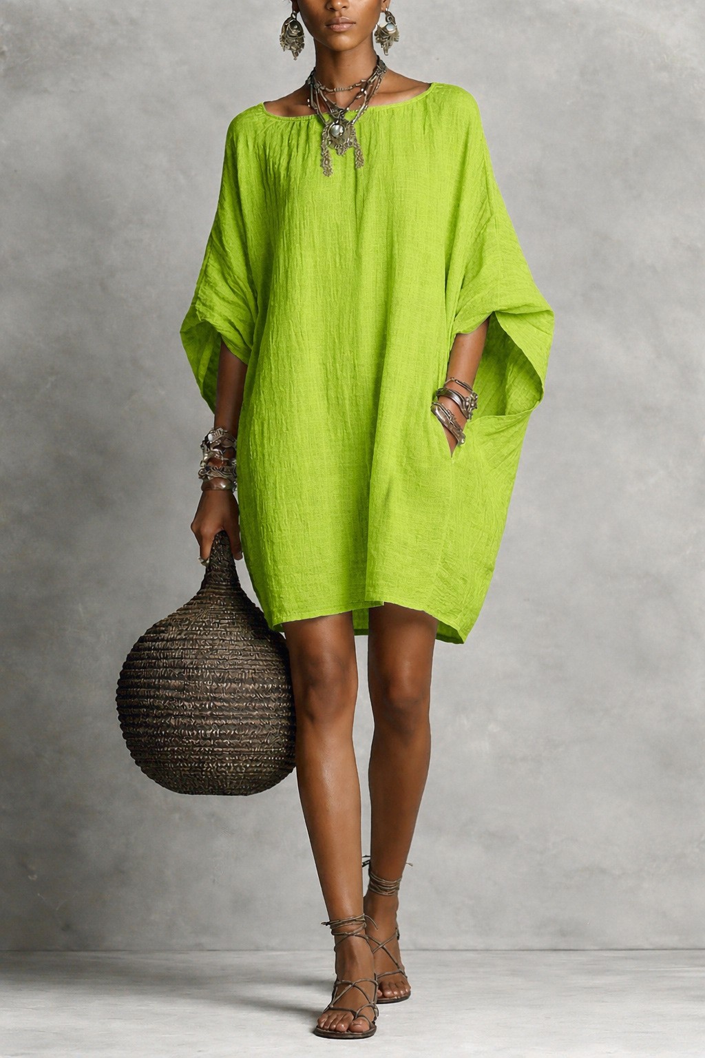 Retro solid color temperament long sleeved off shoulder casual cotton linen dres