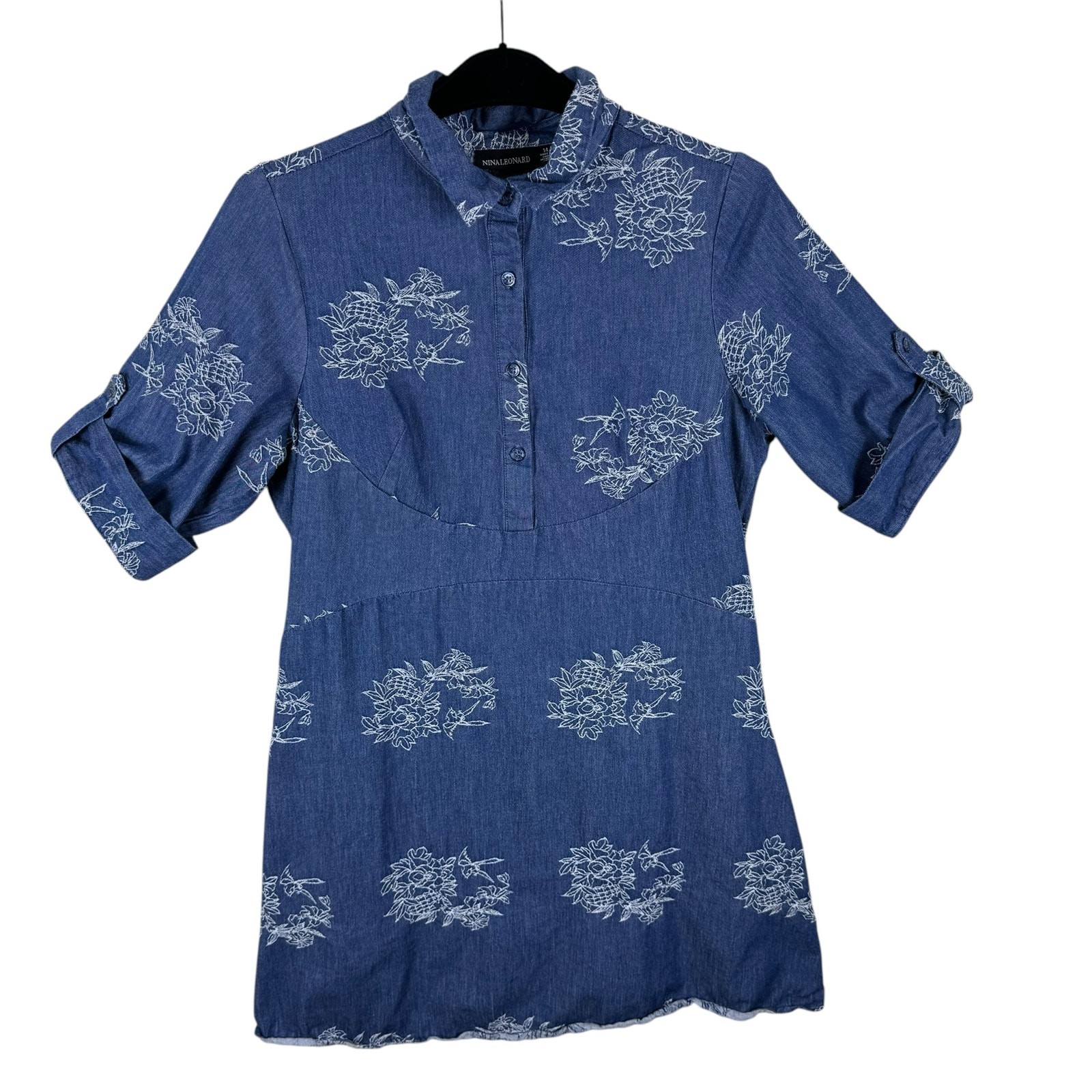 Nina Leonard Floral Embroidered Cuffed Sleeve Half Button Up Cotton Dress Sz 14