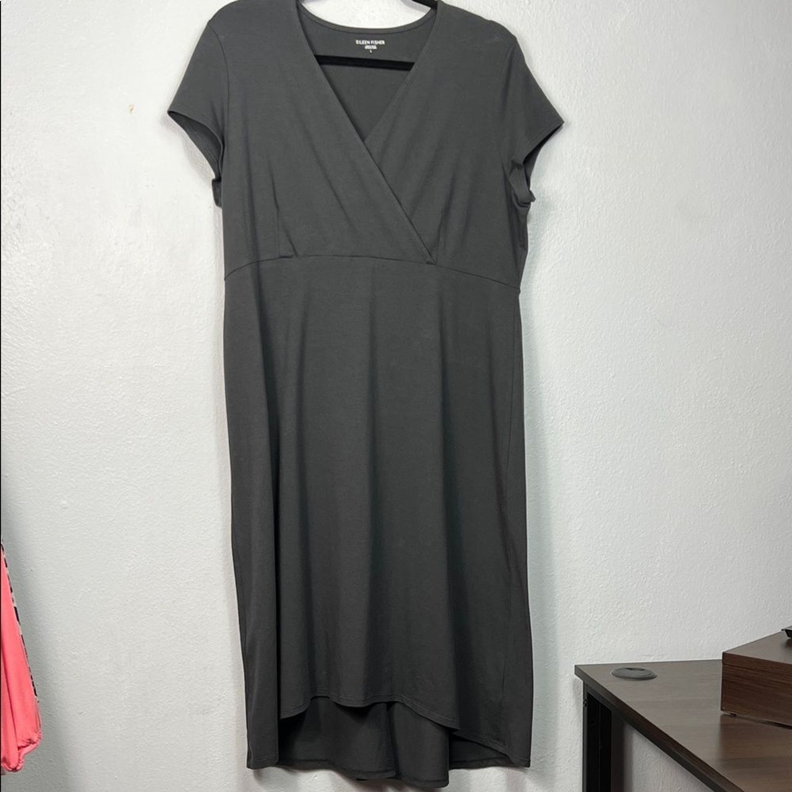 Eileen Fisher Smoke Gray Cap Sleeve Cross Over V-Neck Midi Dress Large