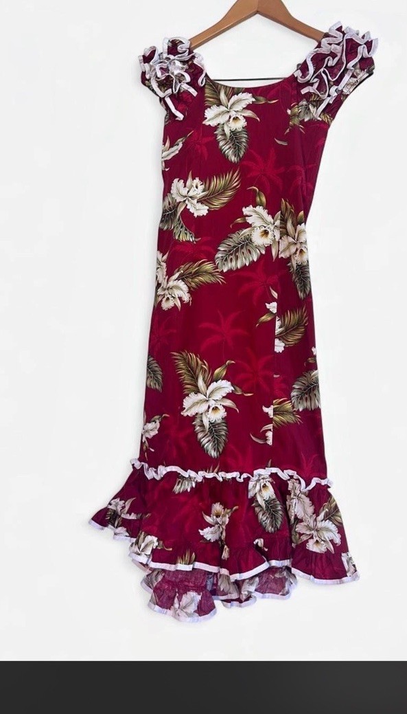 KY’S Hawaii Floral Mu’umu’u Fishtail Dress Size XS/S burgundy Red