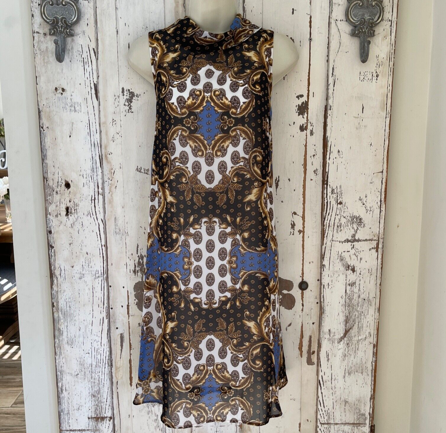 Sharagano Size 6 Womans Blue White Brown Black Sleeveless Boho Shift Dress