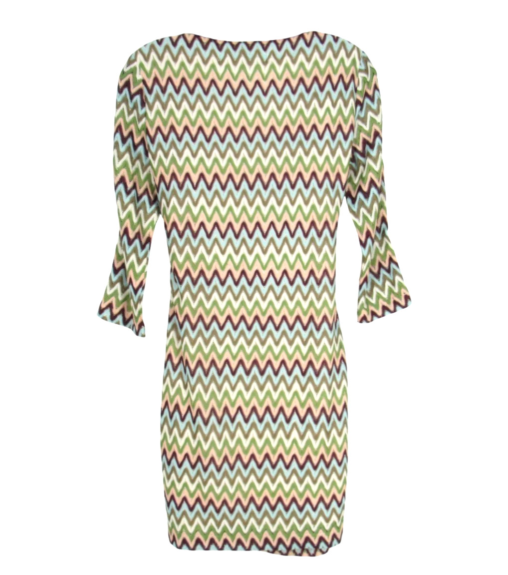 KARLIE Lined CROCHET Green/Brown/Teal CHEVRON Deep V-Neck FAUX WRAP DRESS Sz M