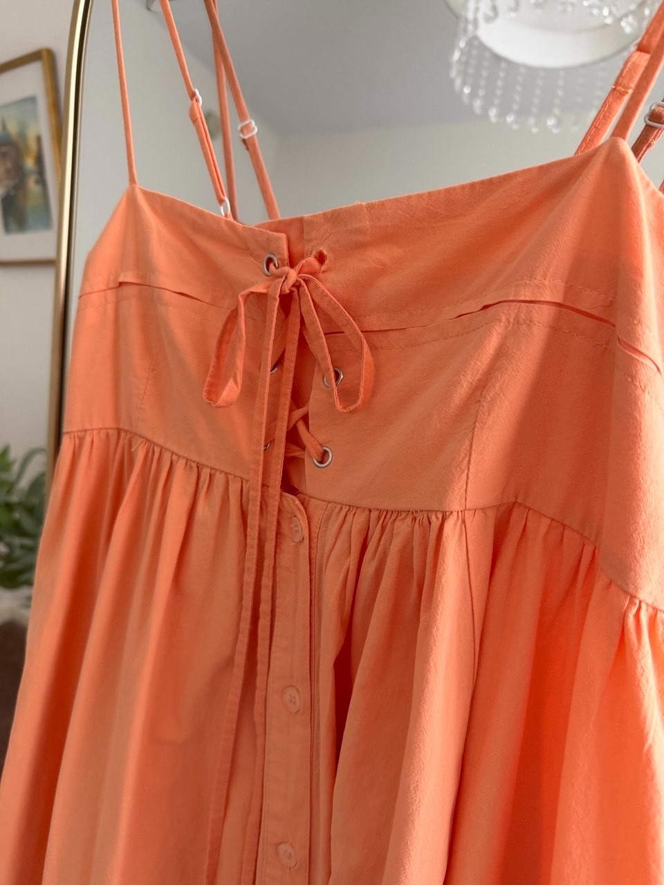 Stitchdrop Coral Orange Lace Up Smocked Maxi Dress Women’s S Cottagecore